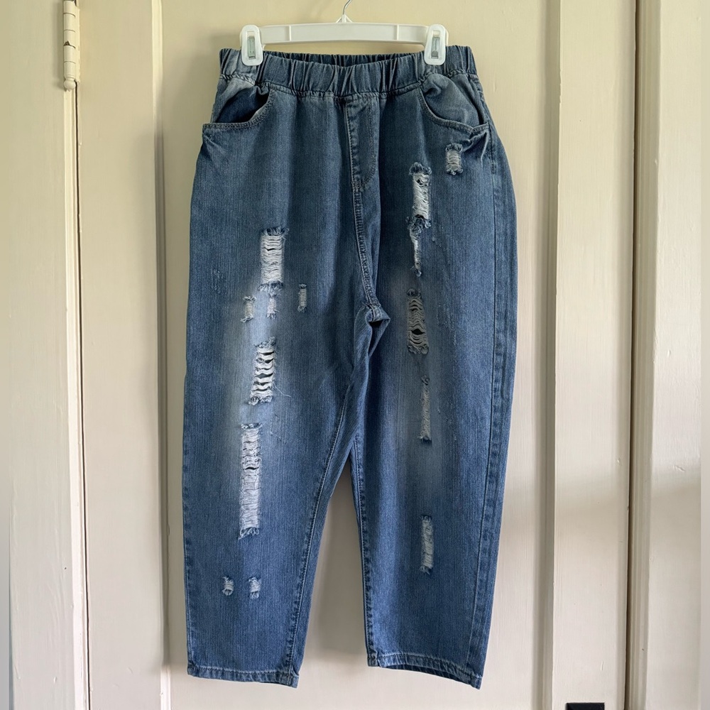 Distressed Cropped Curve Pull On Jeans, Size 31